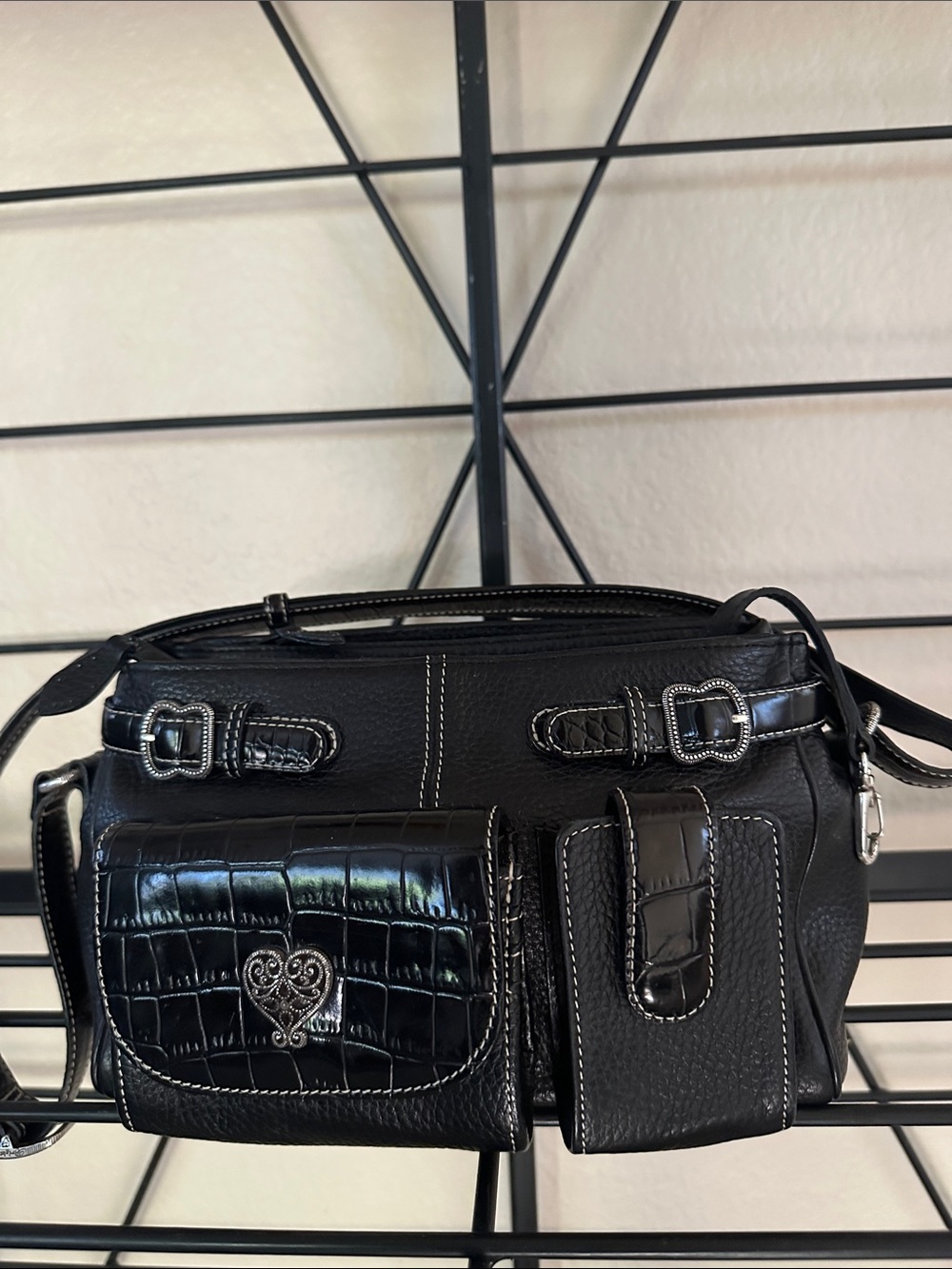 Brighton Vintage Black Women's Crossbody Bag with Croc-Accent Pockets